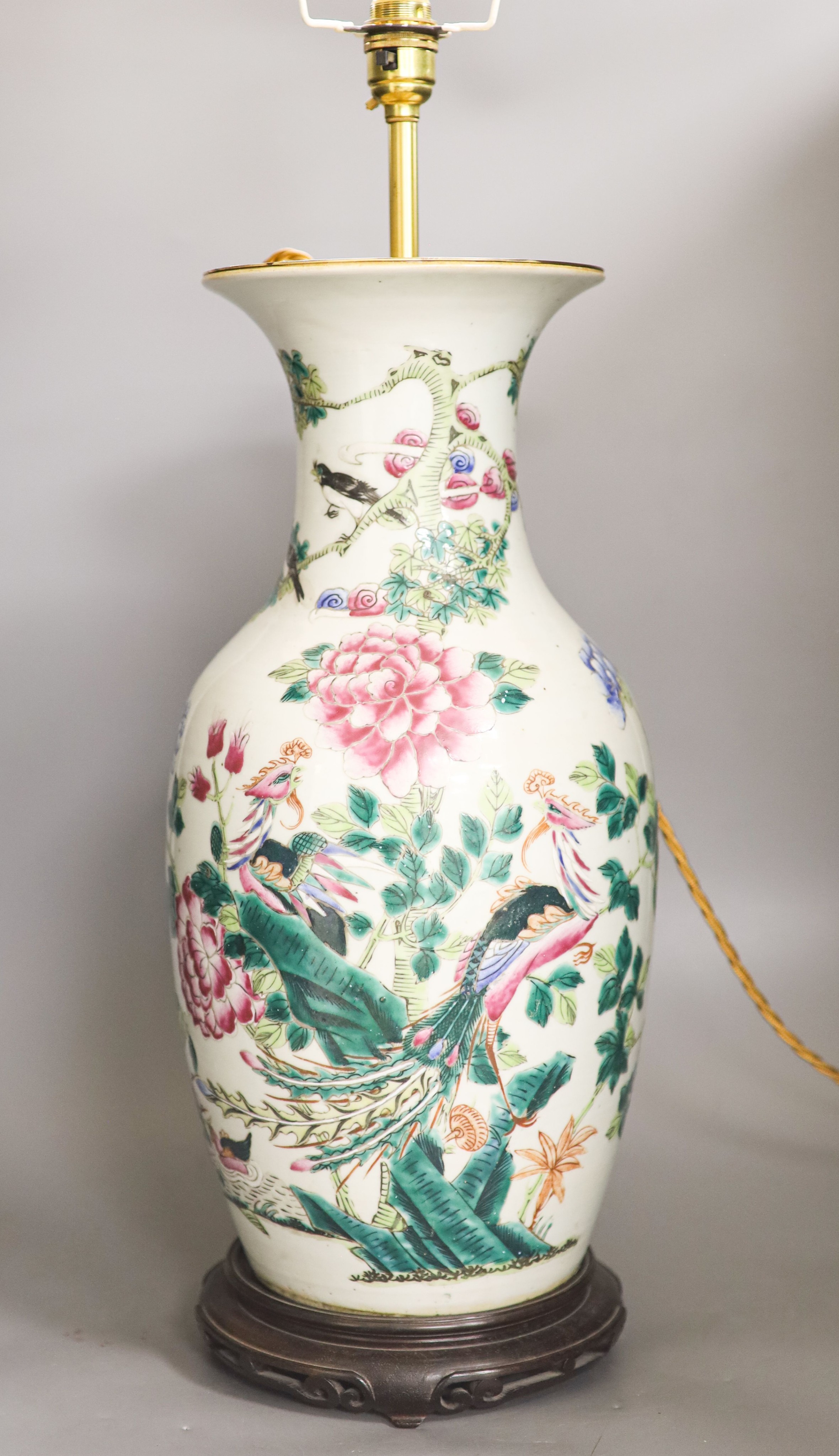 A large Chinese famille rose ‘phoenix’ vase, 19th century, 43.5cm excluding later glued lamp mount